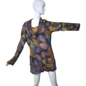Feratelli Patchwork Art to Wear Boho Women's size XL‎ Cowl Mesh Raw Detail Top